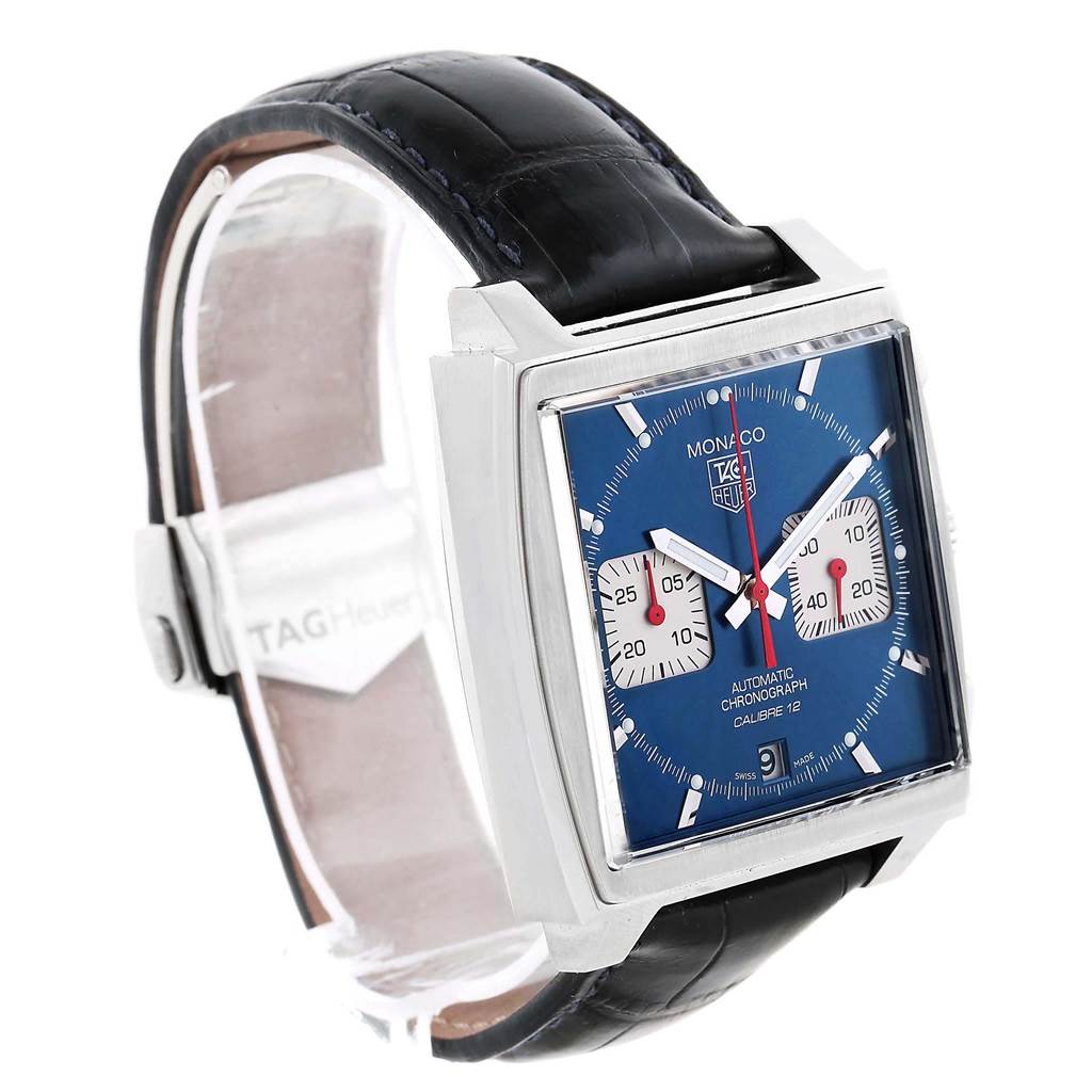 The image shows a side angle of the Tag Heuer Monaco CAW2111 Men
s Stainless Steel Blue Dial CAW2111 Men
s Stainless Steel Blue Dial watch, highlighting its blue dial, square case, and black leather strap.