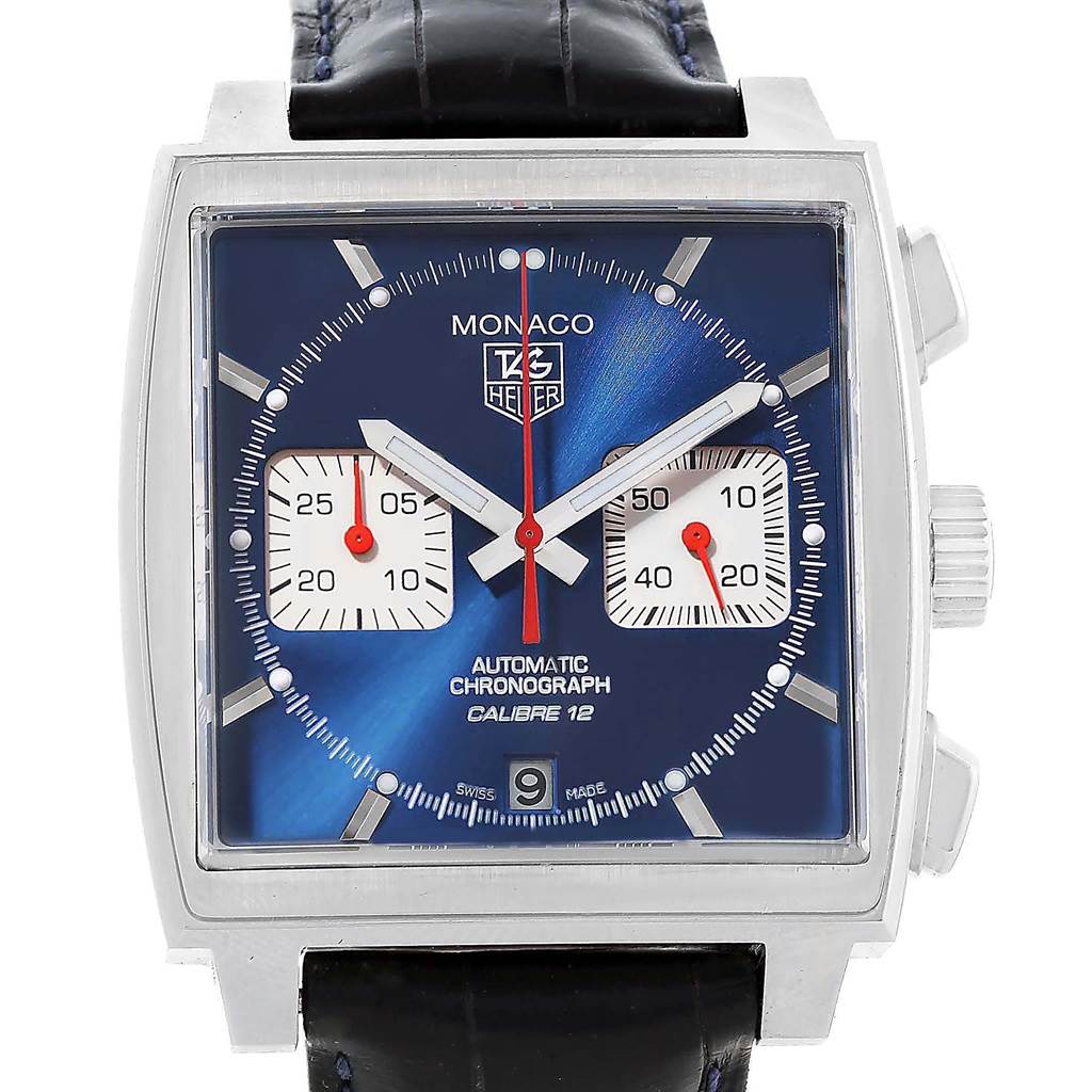 This Tag Heuer Monaco CAW2111 Men
s Stainless Steel Blue Dial CAW2111 Men
s Stainless Steel Blue Dial watch is shown from a front angle, highlighting its square face, blue dial, and chronograph sub-dials.