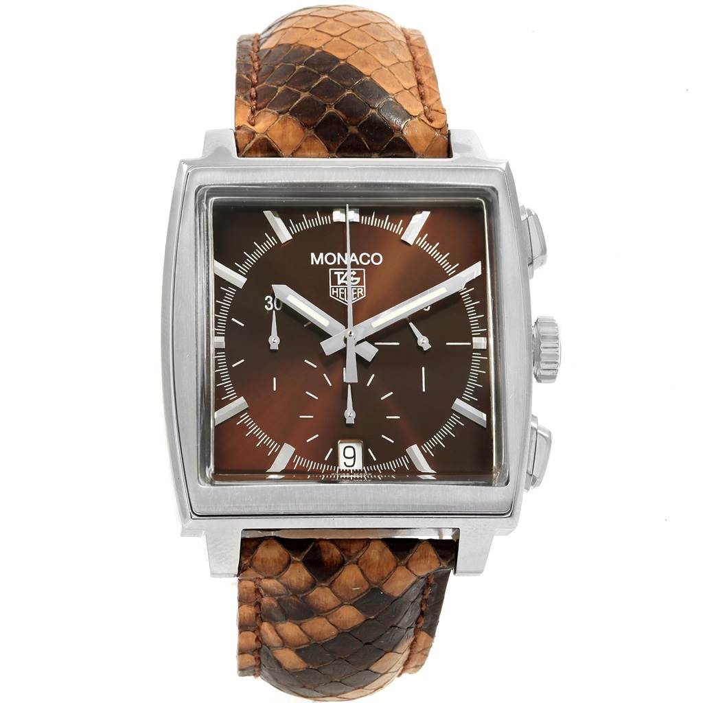 The image shows a front view of a Tag Heuer Monaco CW2114 Men
s Stainless Steel Brown Dial CW2114 Men
s Stainless Steel Brown Dial watch with a brown dial and a brown leather strap.