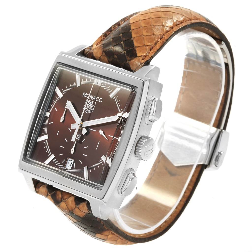 The image shows a side angle of the Tag Heuer Monaco CW2114 Men
s Stainless Steel Brown Dial CW2114 Men
s Stainless Steel Brown Dial watch, highlighting the brown dial, square case, and textured leather strap.