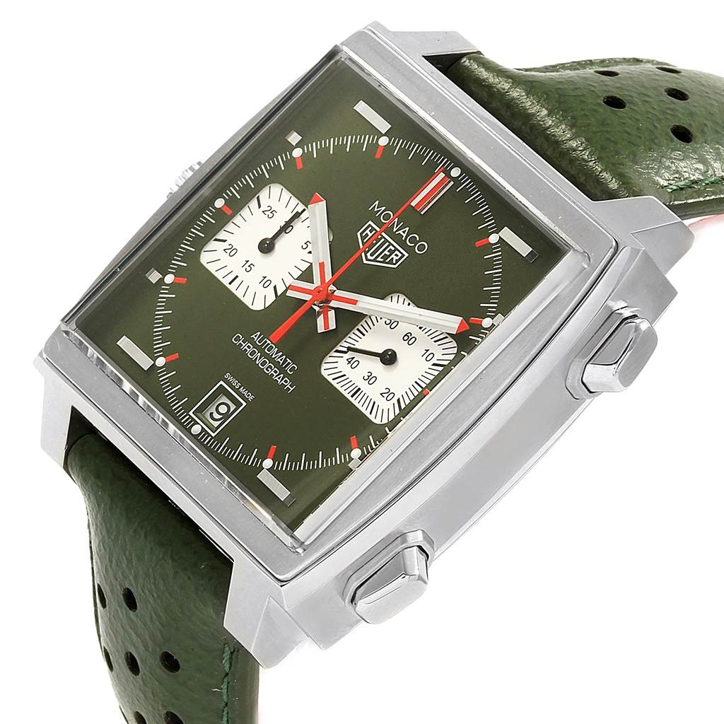 The Tag Heuer Monaco CAW211E.FC6414 Men's Stainless Steel Green Dial CAW211E.FC6414 Men's Stainless Steel Green Dial watch is shown at a slight angle, highlighting the green dial, chrono subdials, and side crown.