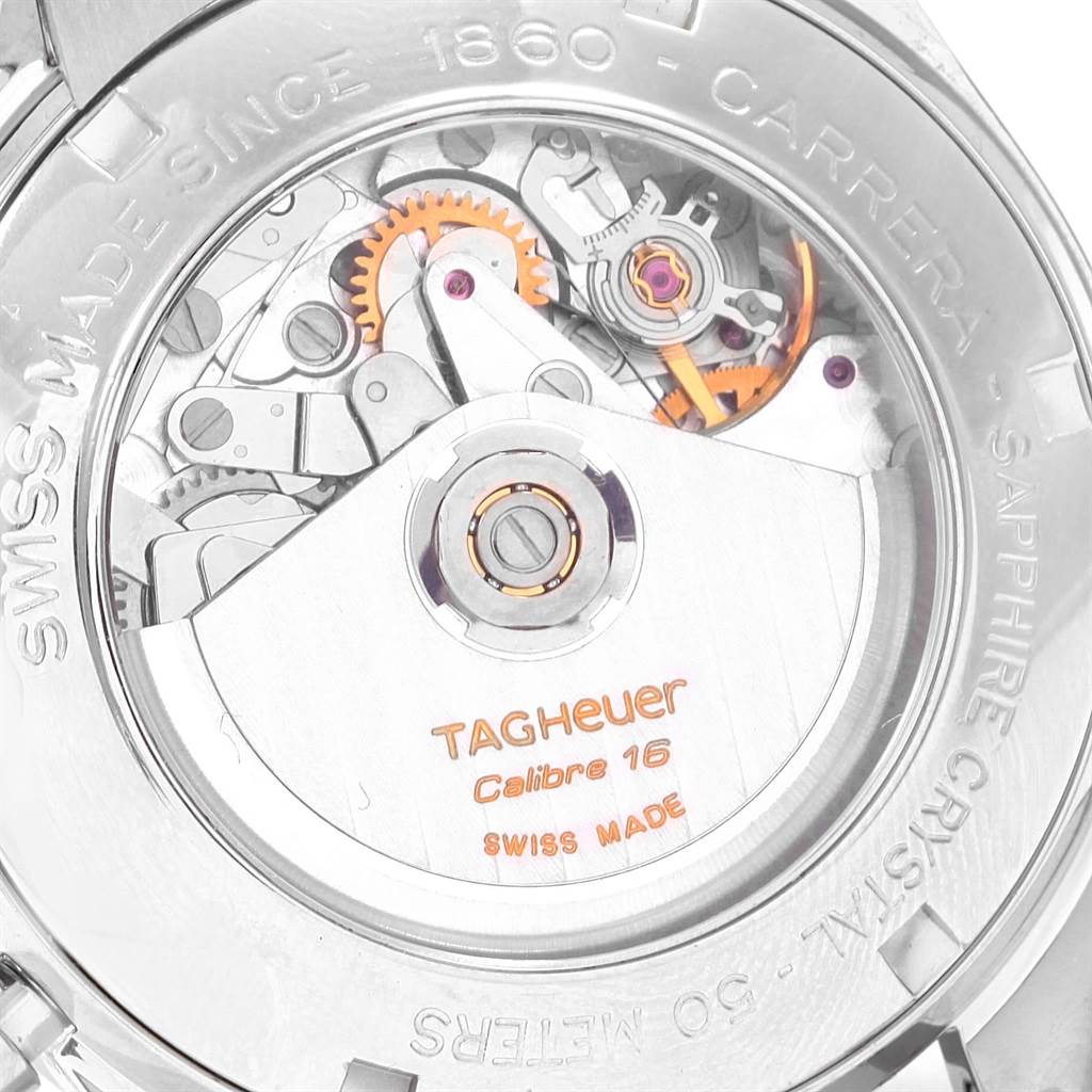 The image shows the back view of the Tag Heuer Carrera CV2014.BA0794 Men's Stainless Steel Black Dial CV2014.BA0794 Men's Stainless Steel Black Dial watch, highlighting its mechanical movement components.