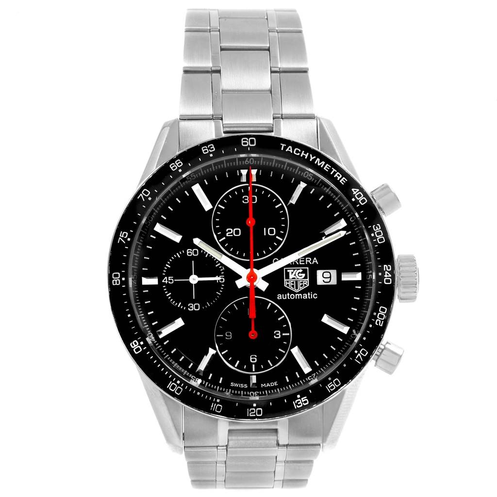 The Tag Heuer Carrera CV2014.BA0794 Men's Stainless Steel Black Dial CV2014.BA0794 Men's Stainless Steel Black Dial watch is shown from the front, displaying its dial, bezel, and metal bracelet.