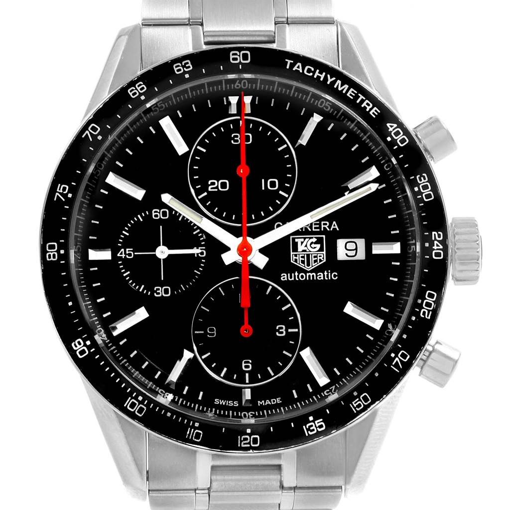 The image shows a front view of the Tag Heuer Carrera CV2014.BA0794 Men's Stainless Steel Black Dial CV2014.BA0794 Men's Stainless Steel Black Dial watch, highlighting its face, bezel, and chronograph sub-dials.