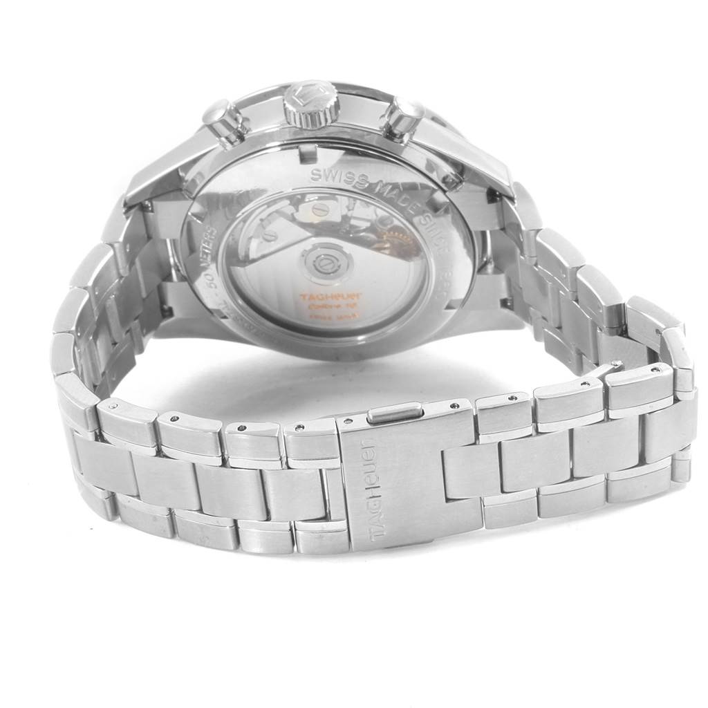 This image shows the rear view of the Tag Heuer Carrera CV2014.BA0794 Men's Stainless Steel Black Dial CV2014.BA0794 Men's Stainless Steel Black Dial watch, featuring the case back and metallic bracelet.