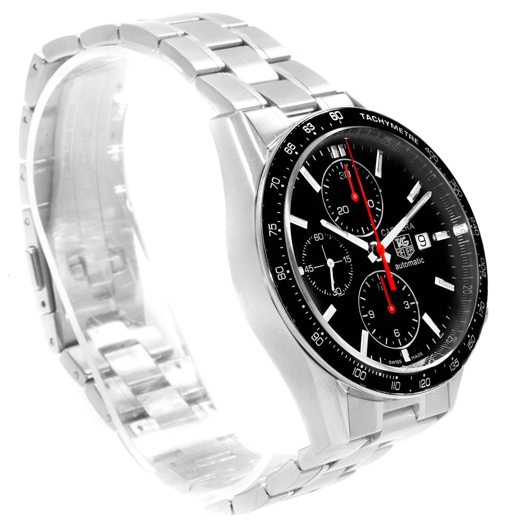 The image shows a Tag Heuer Carrera CV2014.BA0794 Men's Stainless Steel Black Dial CV2014.BA0794 Men's Stainless Steel Black Dial watch from a front-left angle, highlighting the dial, tachymeter bezel, and metal bracelet.