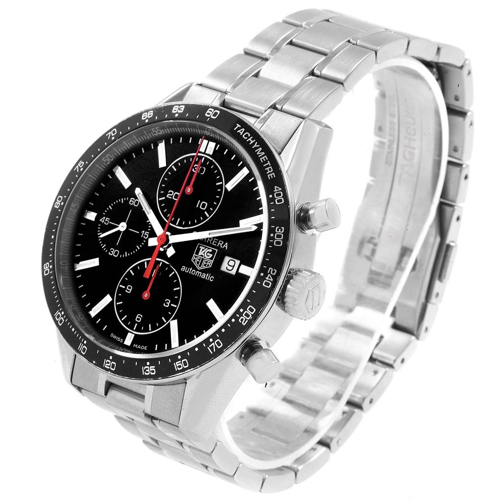 The image shows a Tag Heuer Carrera CV2014.BA0794 Men's Stainless Steel Black Dial CV2014.BA0794 Men's Stainless Steel Black Dial watch from a front-right angle, highlighting the face, bezel, crown, and bracelet.