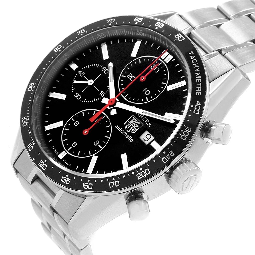 This image shows a Tag Heuer Carrera CV2014.BA0794 Men's Stainless Steel Black Dial CV2014.BA0794 Men's Stainless Steel Black Dial watch at a close-up angle, highlighting the dial, tachymeter bezel, crown, and part of the bracelet.
