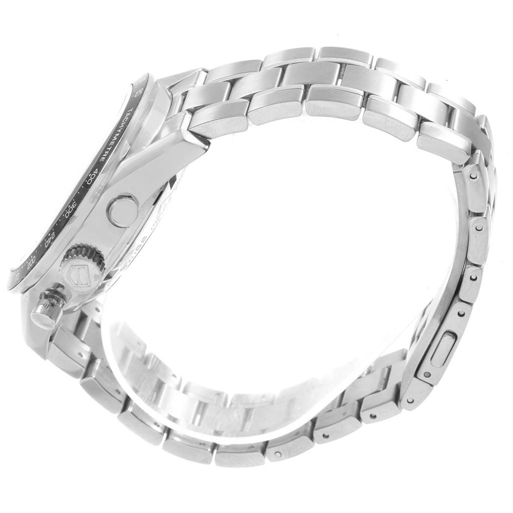 This image shows a side view of the Tag Heuer Carrera CV2014.BA0794 Men's Stainless Steel Black Dial CV2014.BA0794 Men's Stainless Steel Black Dial watch, highlighting its bezel, crown, and metal bracelet.