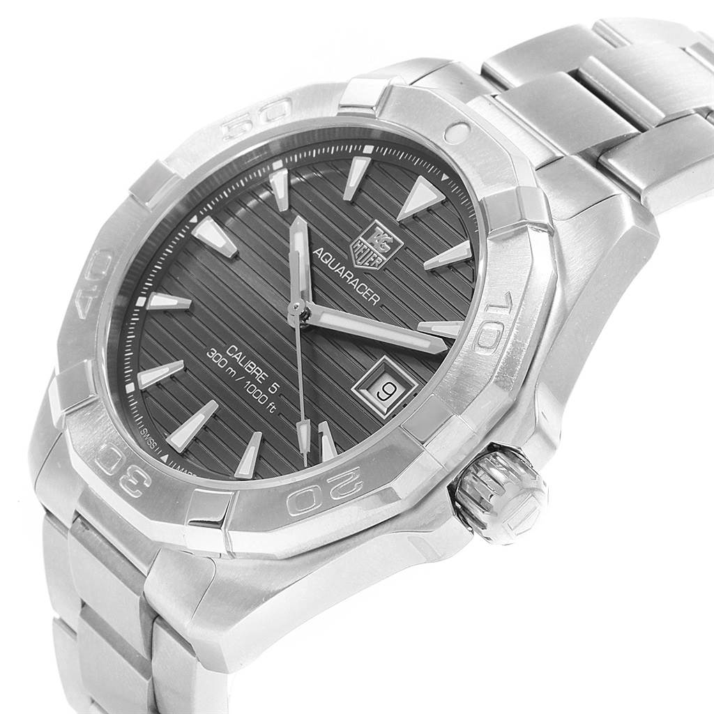 This image shows a side angle of the Tag Heuer Aquaracer WAY2113.BA0928 Men's Stainless Steel Black Dial WAY2113.BA0928 Men's Stainless Steel Black Dial watch, highlighting the dial, bezel, crown, and part of the bracelet.