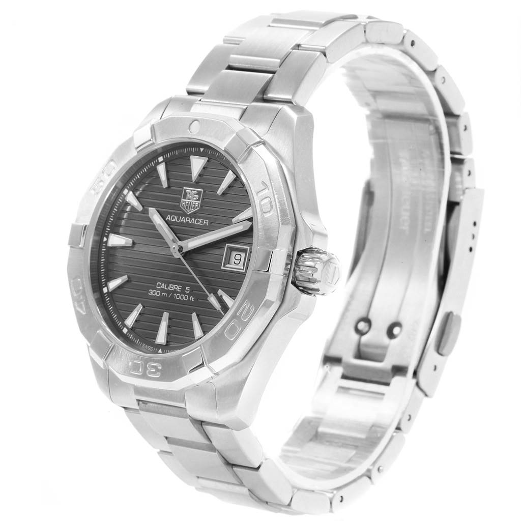 The Tag Heuer Aquaracer WAY2113.BA0928 Men's Stainless Steel Black Dial WAY2113.BA0928 Men's Stainless Steel Black Dial watch is shown at a three-quarter angle, displaying its face, bezel, and metal bracelet.