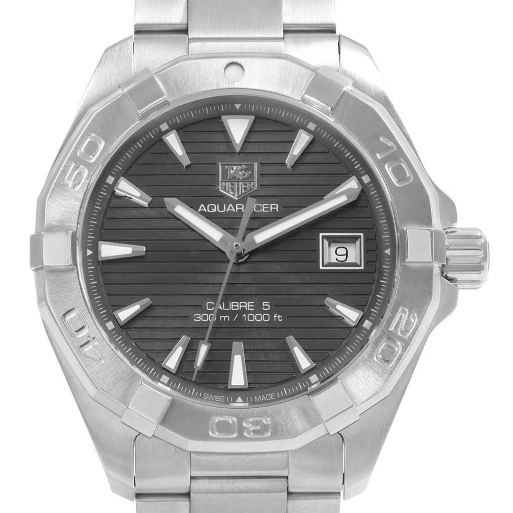 This image shows a front view of a Tag Heuer Aquaracer WAY2113.BA0928 Men's Stainless Steel Black Dial WAY2113.BA0928 Men's Stainless Steel Black Dial watch, including the bezel, dial, hands, and part of the bracelet.