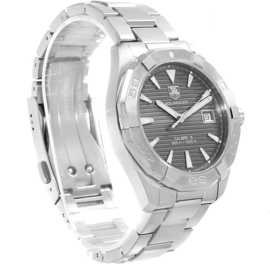 The image shows the front and side angle of the Tag Heuer Aquaracer WAY2113.BA0928 Men's Stainless Steel Black Dial WAY2113.BA0928 Men's Stainless Steel Black Dial watch, highlighting its dial, bezel, and partially open bracelet.