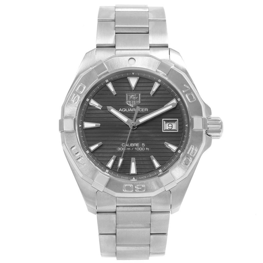 This image shows a Tag Heuer Aquaracer WAY2113.BA0928 Men's Stainless Steel Black Dial WAY2113.BA0928 Men's Stainless Steel Black Dial watch from a front angle, displaying the dial, bezel, hands, and bracelet.
