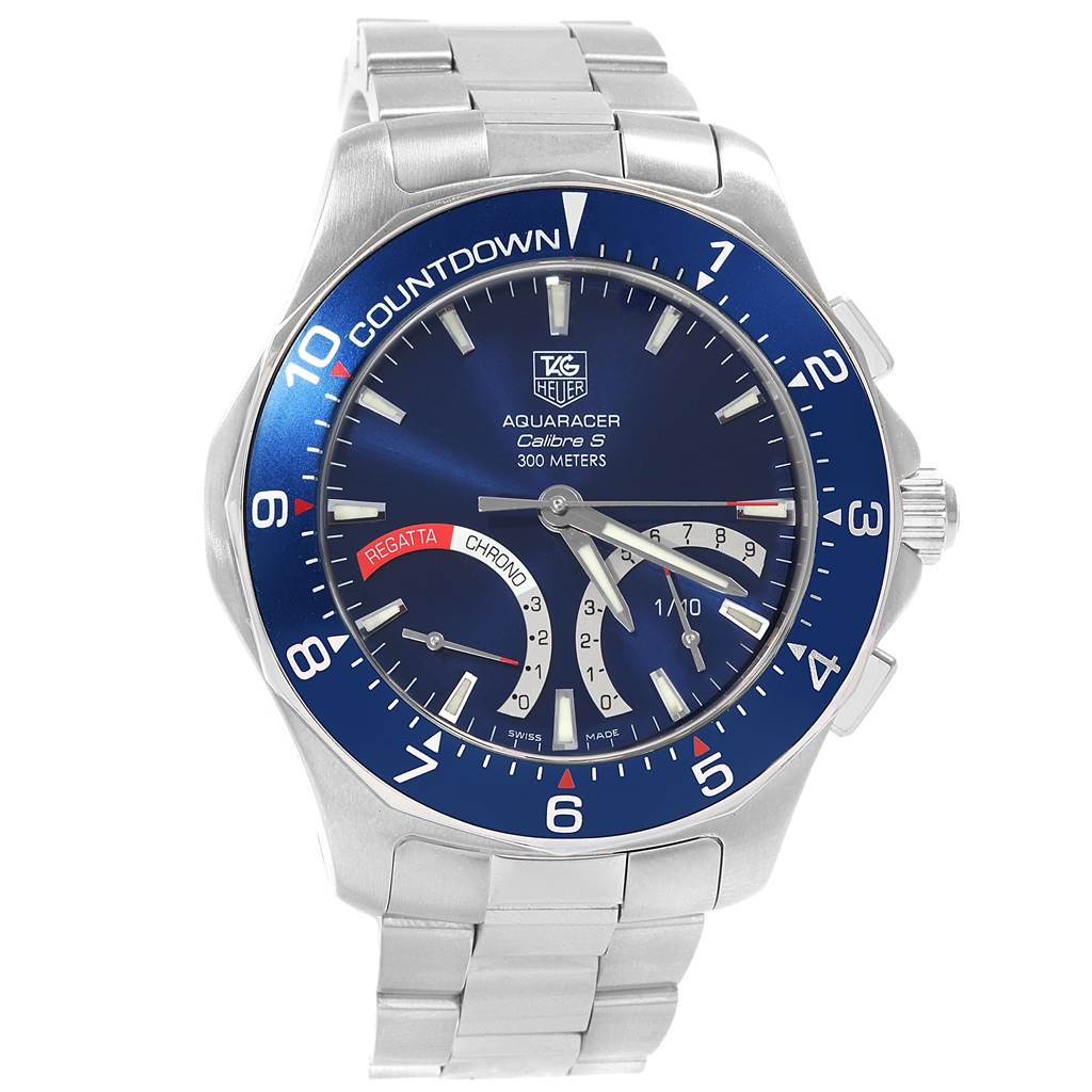 The image shows a front view of the Tag Heuer Aquaracer CAF7110.BA0803 Men
s Stainless Steel Blue Dial CAF7110.BA0803 Men
s Stainless Steel Blue Dial watch, highlighting its blue dial, bezel, hands, and metal bracelet.