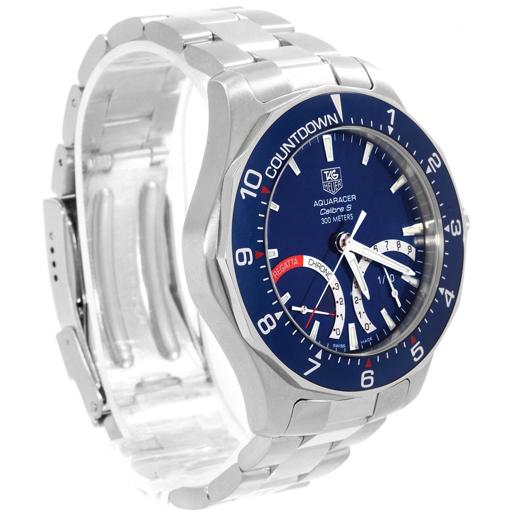 The Tag Heuer Aquaracer CAF7110.BA0803 Men
s Stainless Steel Blue Dial CAF7110.BA0803 Men
s Stainless Steel Blue Dial watch is shown at a three-quarter angle, displaying the case, dial, and part of the metal bracelet.