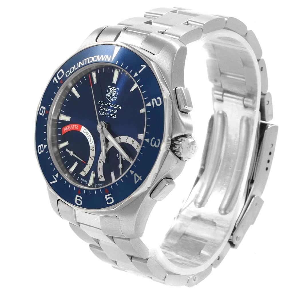 This image shows a Tag Heuer Aquaracer CAF7110.BA0803 Men
s Stainless Steel Blue Dial CAF7110.BA0803 Men
s Stainless Steel Blue Dial watch at a side angle, highlighting the face, bezel, and metal bracelet.