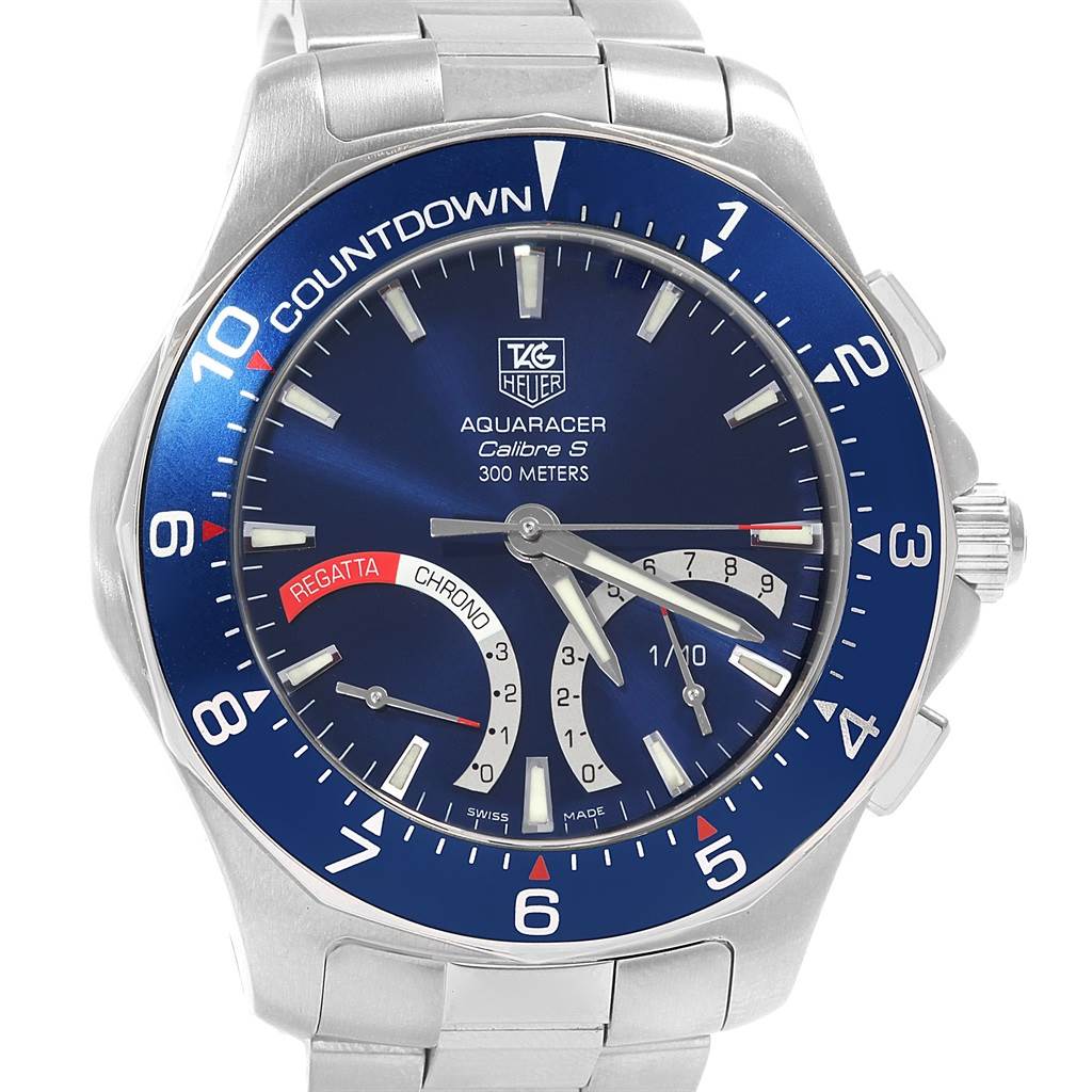 The image shows a front view of a Tag Heuer Aquaracer CAF7110.BA0803 Men
s Stainless Steel Blue Dial CAF7110.BA0803 Men
s Stainless Steel Blue Dial watch, featuring a blue dial, stainless steel bracelet, and various subdials.