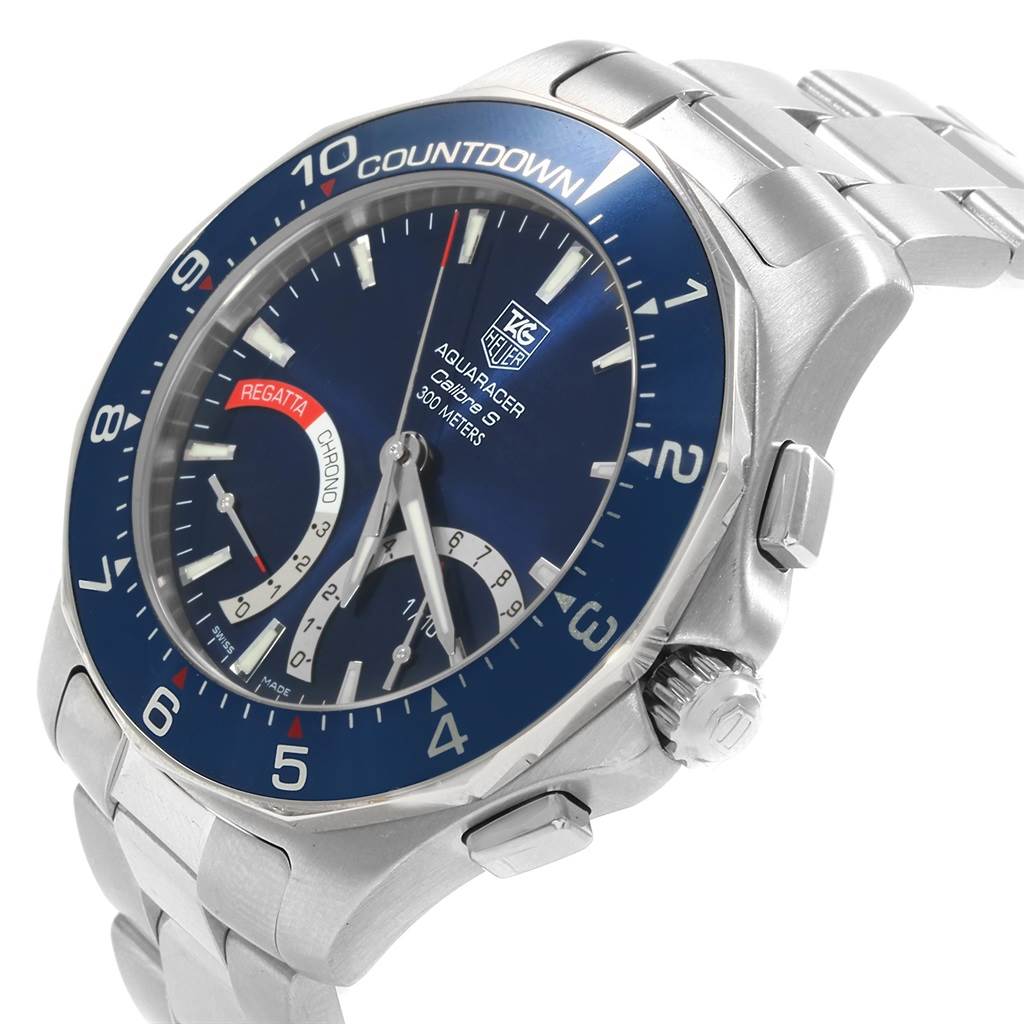 The Tag Heuer Aquaracer CAF7110.BA0803 Men
s Stainless Steel Blue Dial CAF7110.BA0803 Men
s Stainless Steel Blue Dial watch is shown at a slight angle, displaying the face, side buttons, and part of the metal bracelet.