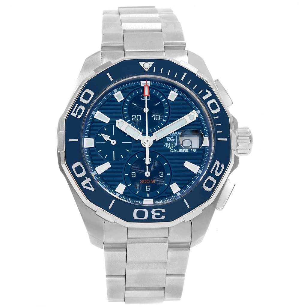 The image shows a front view of the Tag Heuer Aquaracer CAY211B.BA0927 Men's Stainless Steel Blue Dial CAY211B.BA0927 Men's Stainless Steel Blue Dial watch, displaying its blue dial, subdials, bezel, and bracelet.
