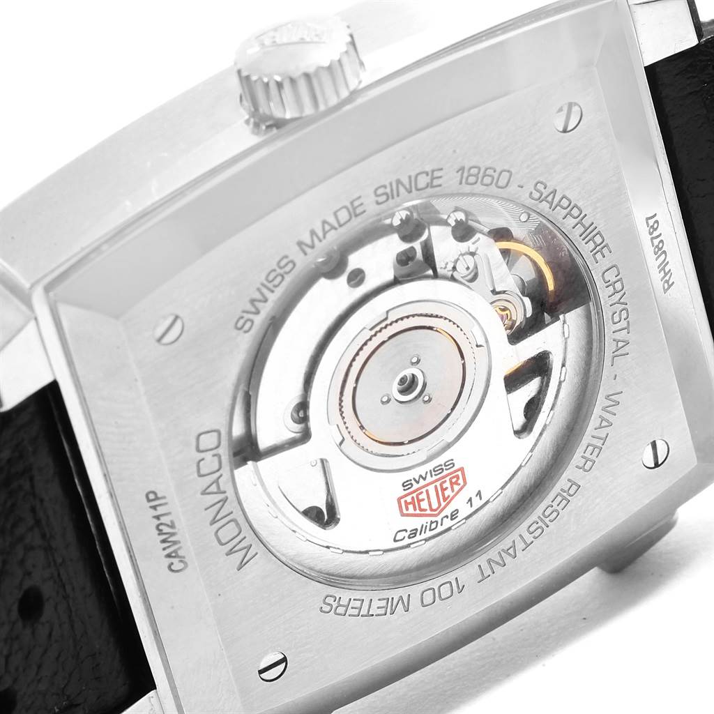 The image shows the back case of a Tag Heuer Monaco CAW211P Men's Stainless Steel Blue Dial CAW211P Men's Stainless Steel Blue Dial watch, showcasing its internal mechanism and Calibre 11 movement.