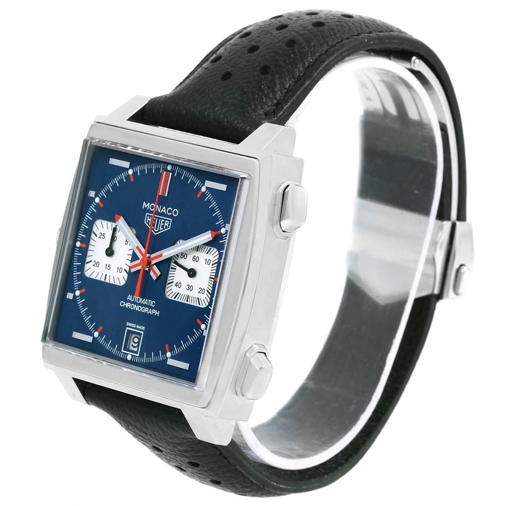 The Tag Heuer Monaco CAW211P Men's Stainless Steel Blue Dial CAW211P Men's Stainless Steel Blue Dial watch is shown at an angle highlighting its face, case, crown, and strap.