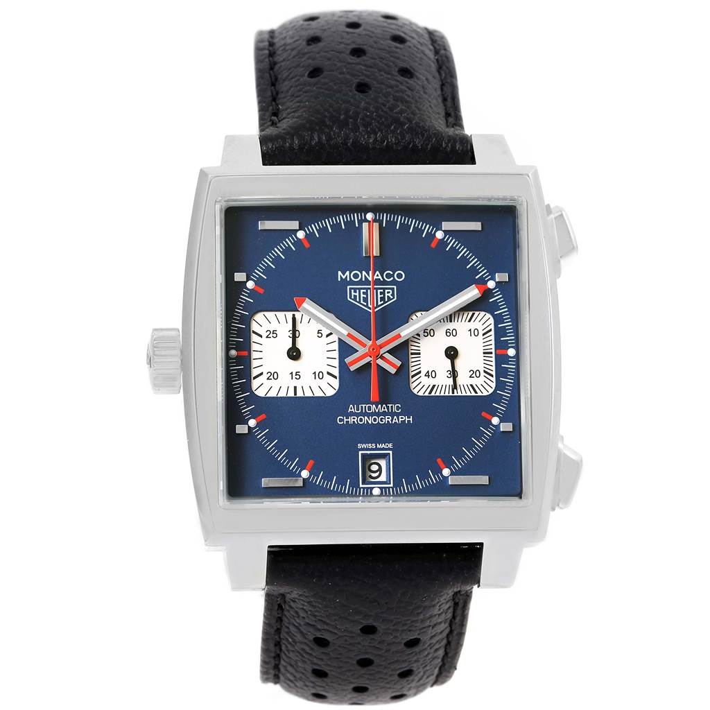 The image shows a front view of the Tag Heuer Monaco CAW211P Men's Stainless Steel Blue Dial CAW211P Men's Stainless Steel Blue Dial watch, highlighting its square case, blue dial, and black perforated leather strap.
