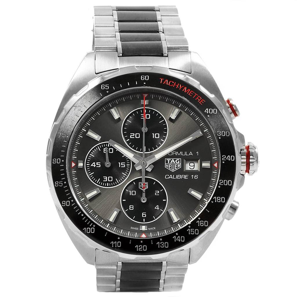This Tag Heuer Formula 1 CAZ2012.BA0970 Men's Stainless Steel Grey Dial CAZ2012.BA0970 Men's Stainless Steel Grey Dial watch is shown from the front, displaying its face, three sub-dials, date window, and bracelet.