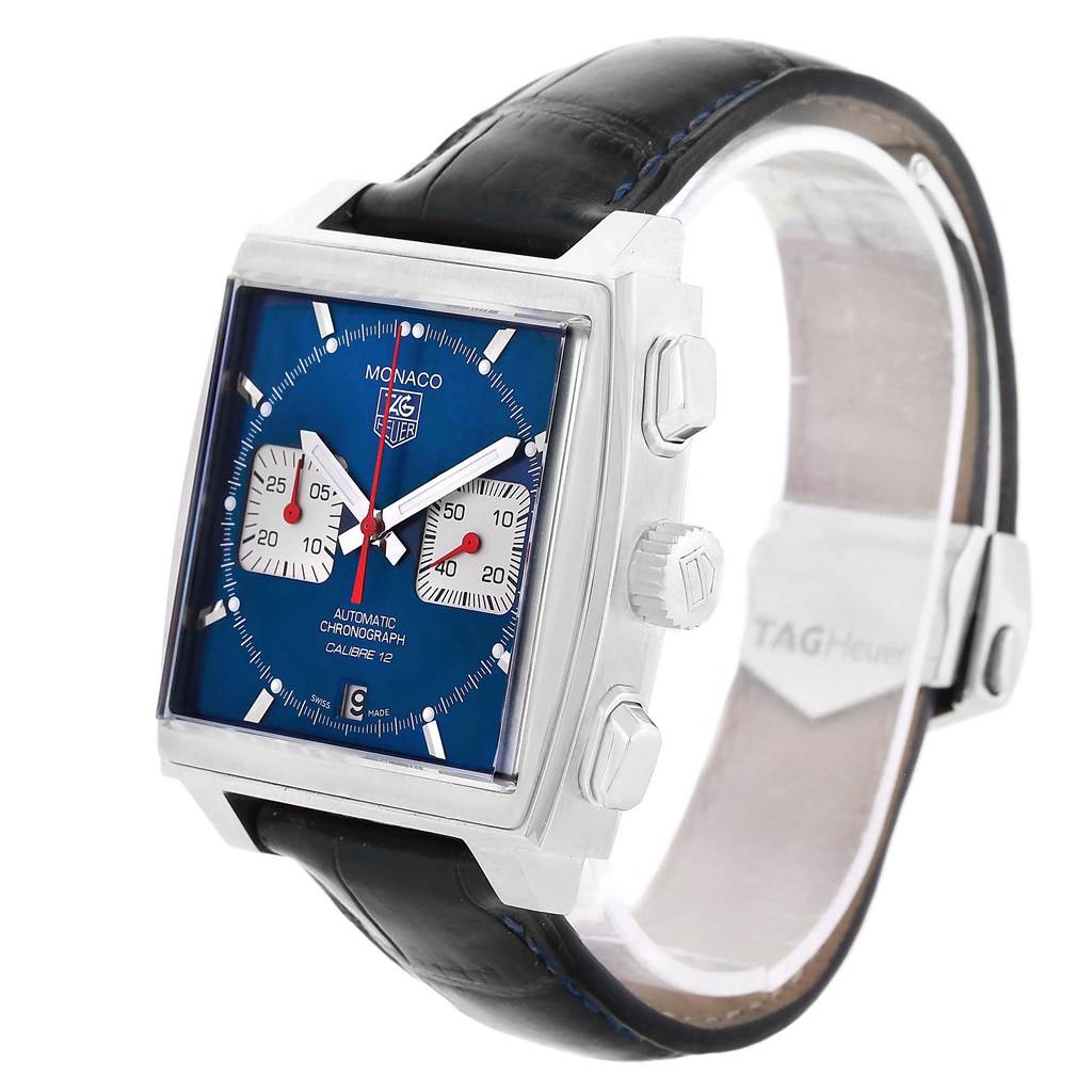 The Tag Heuer Monaco CAW2111 Men's Stainless Steel Blue Dial CAW2111 Men's Stainless Steel Blue Dial watch is shown from a three-quarter front angle, displaying its face, crown, and push-buttons.