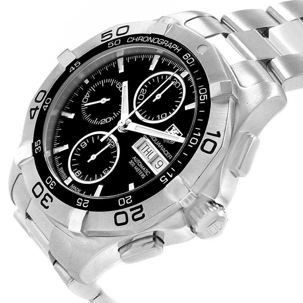 A close-up angle shows the face, bezel, and part of the bracelet of the Tag Heuer Aquaracer CAF2010.BA0815 Men's Stainless Steel Black Dial CAF2010.BA0815 Men's Stainless Steel Black Dial watch.