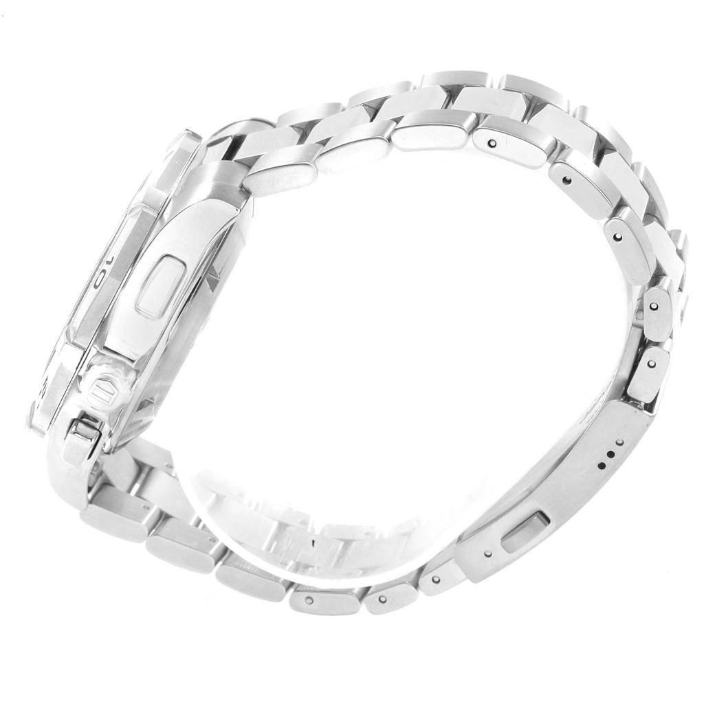 The image shows a side view of the Tag Heuer Aquaracer CAF2010.BA0815 Men's Stainless Steel Black Dial CAF2010.BA0815 Men's Stainless Steel Black Dial watch, highlighting the stainless steel bracelet and clasp mechanism.