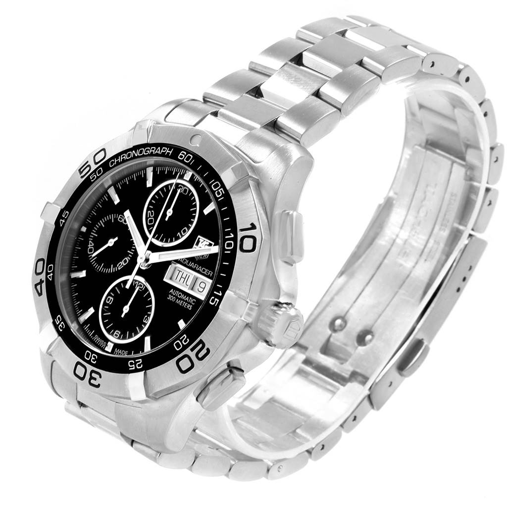 The image shows a Tag Heuer Aquaracer CAF2010.BA0815 Men's Stainless Steel Black Dial CAF2010.BA0815 Men's Stainless Steel Black Dial watch at an angled view, highlighting its dial, bezel, crown, pushers, and stainless steel bracelet.