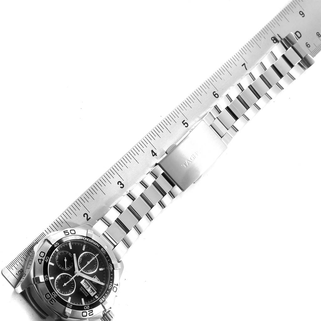 The image shows a horizontal view of the Tag Heuer Aquaracer CAF2010.BA0815 Men's Stainless Steel Black Dial CAF2010.BA0815 Men's Stainless Steel Black Dial watch face and bracelet, measured against a ruler.