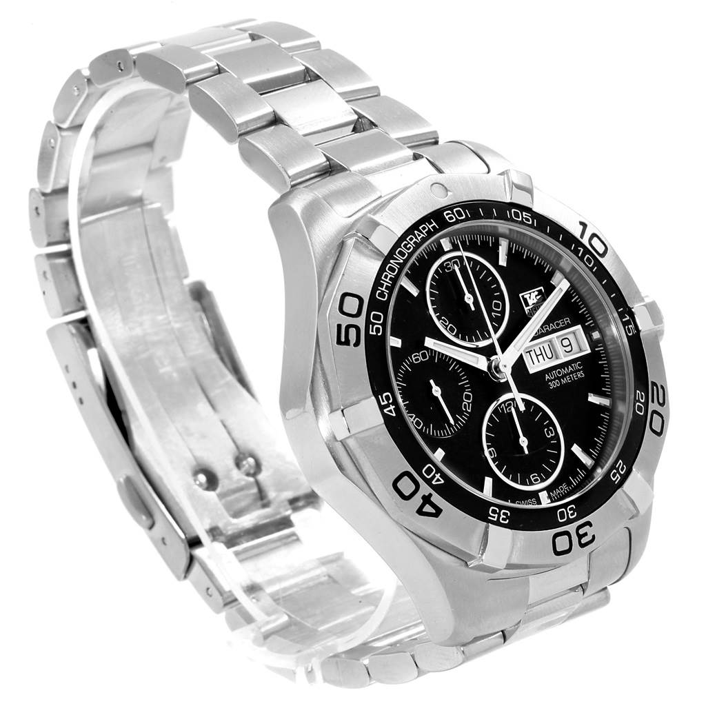 The image shows a side angle view of a Tag Heuer Aquaracer CAF2010.BA0815 Men's Stainless Steel Black Dial CAF2010.BA0815 Men's Stainless Steel Black Dial watch, highlighting its bezel, dial, and stainless steel bracelet.