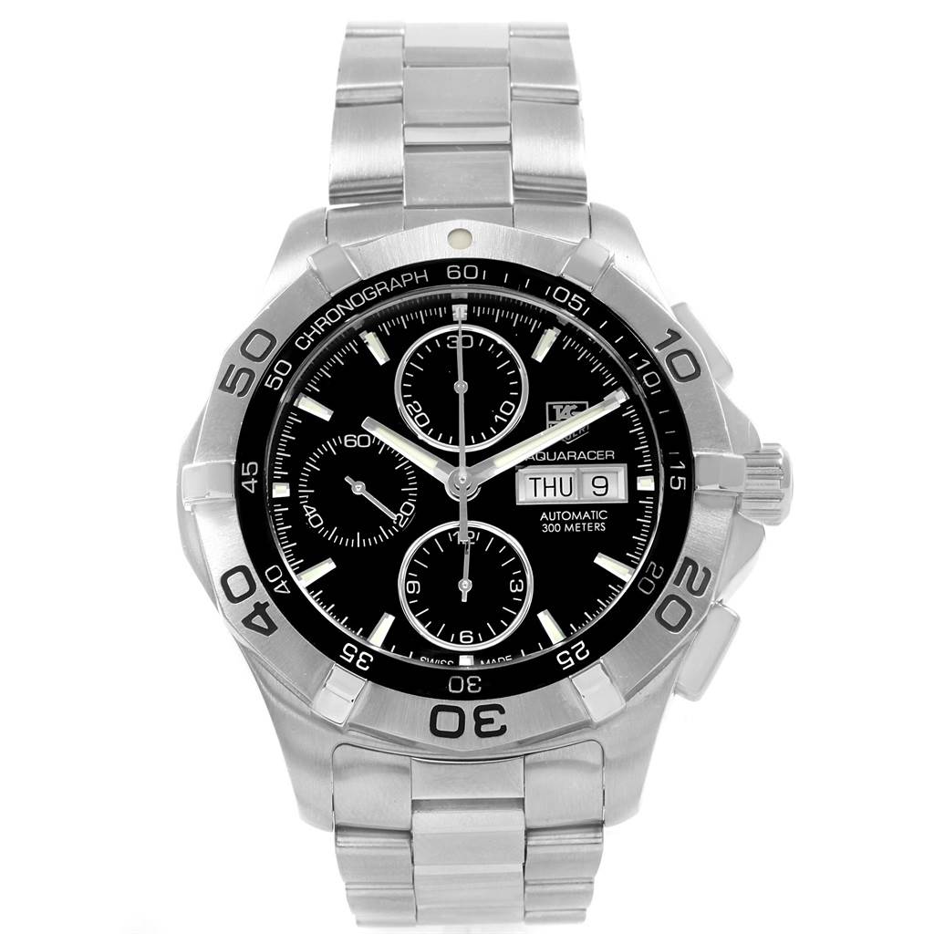 The image shows a frontal view of a Tag Heuer Aquaracer CAF2010.BA0815 Men's Stainless Steel Black Dial CAF2010.BA0815 Men's Stainless Steel Black Dial watch, displaying its dial, bezel, and stainless steel bracelet.