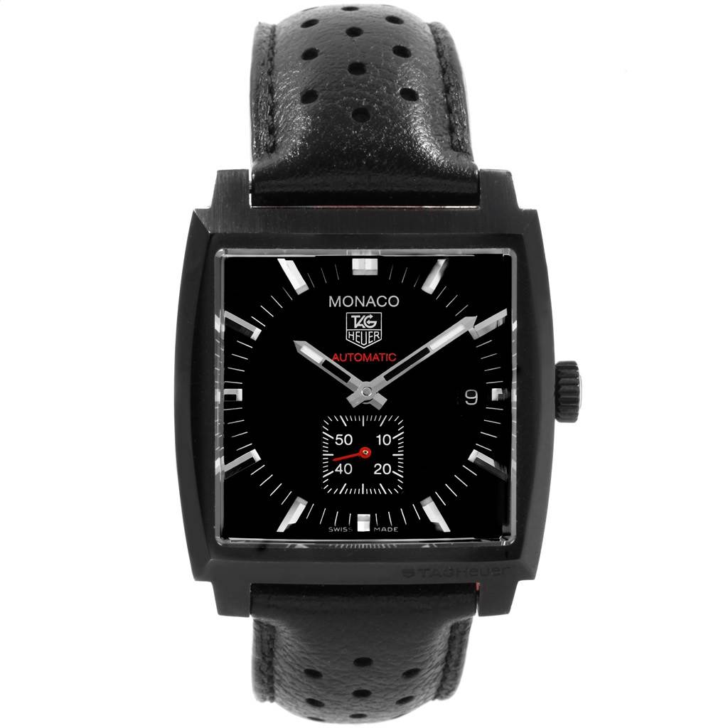 The image shows a front view of the Tag Heuer Monaco WW2119.FC6338 Men's Titanium Black Dial WW2119.FC6338 Men's Titanium Black Dial watch, highlighting its square face, black dial, and perforated black leather strap.