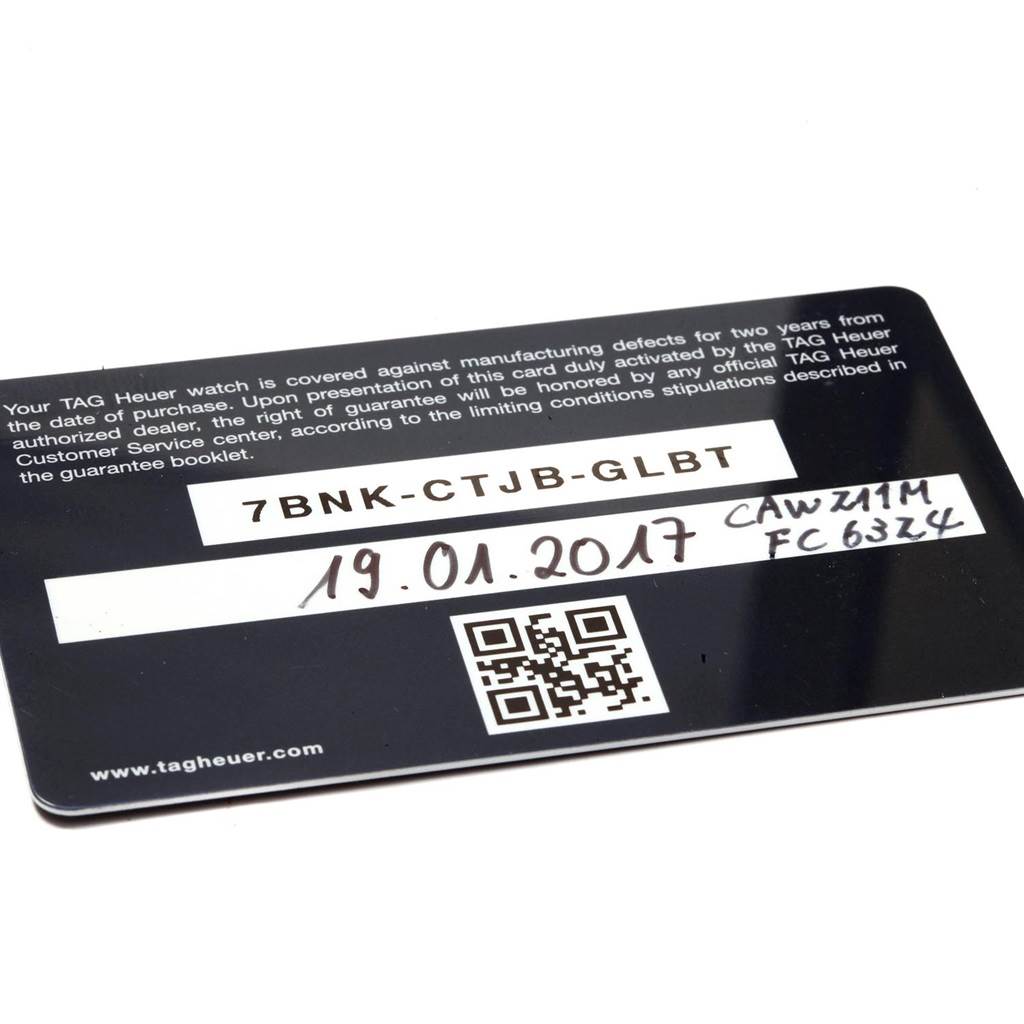 This image shows the warranty card for the Monaco model by Tag Heuer, displaying the date and a QR code.