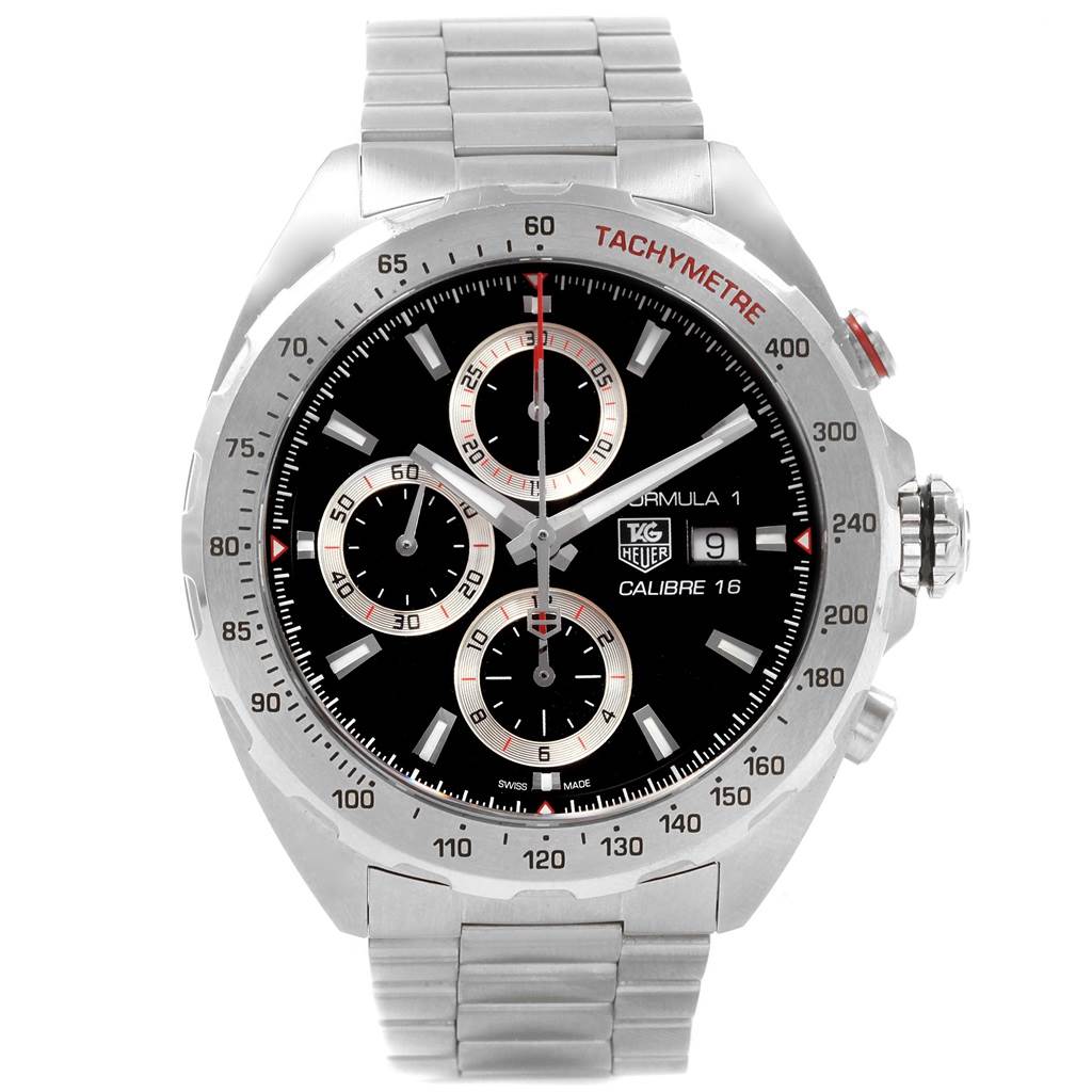 The image shows a front view of the Tag Heuer Formula 1 CAZ2010.BA0876 Men's Stainless Steel Black Dial CAZ2010.BA0876 Men's Stainless Steel Black Dial watch with its chronograph features and tachymeter bezel clearly visible.