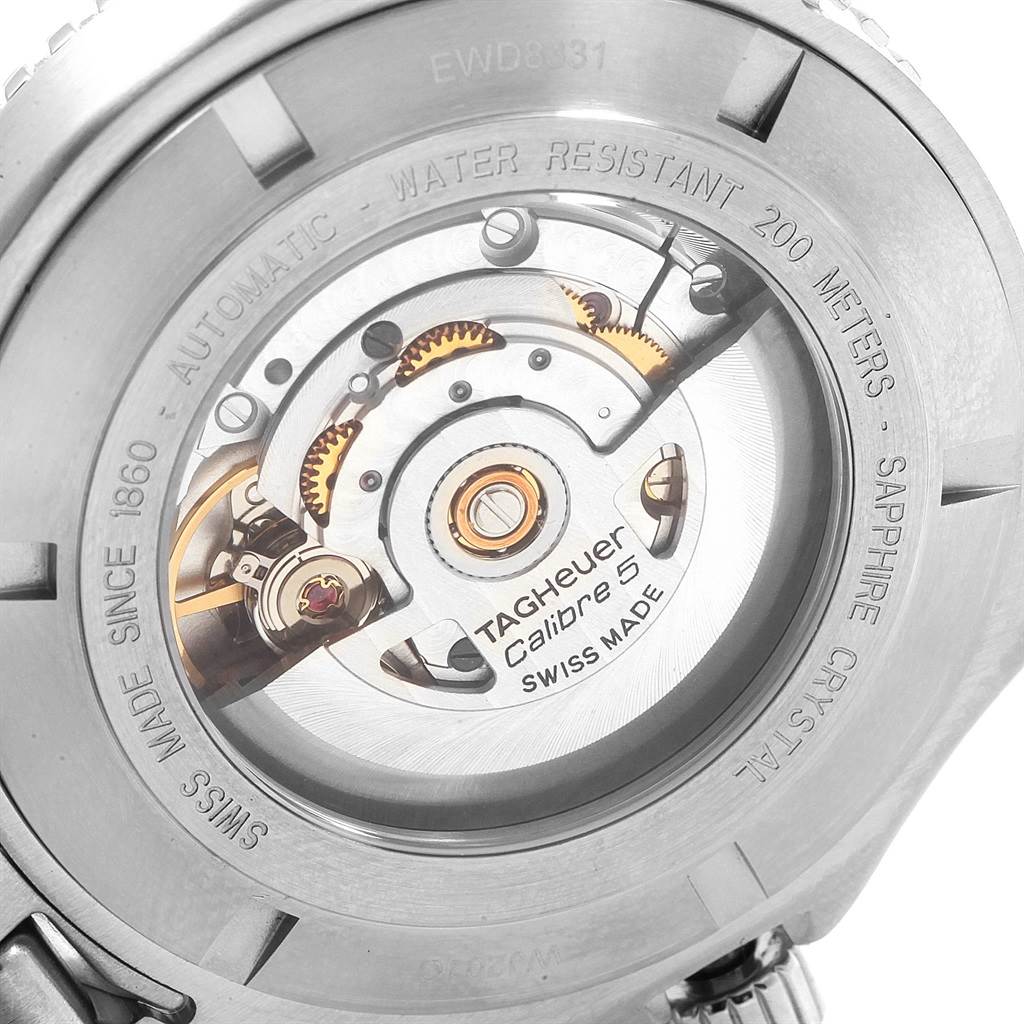 The image shows the back view of a Tag Heuer Link WJ201C.BA0591 Men's Stainless Steel Blue Dial WJ201C.BA0591 Men's Stainless Steel Blue Dial model watch, focusing on its automatic movement and internal components.