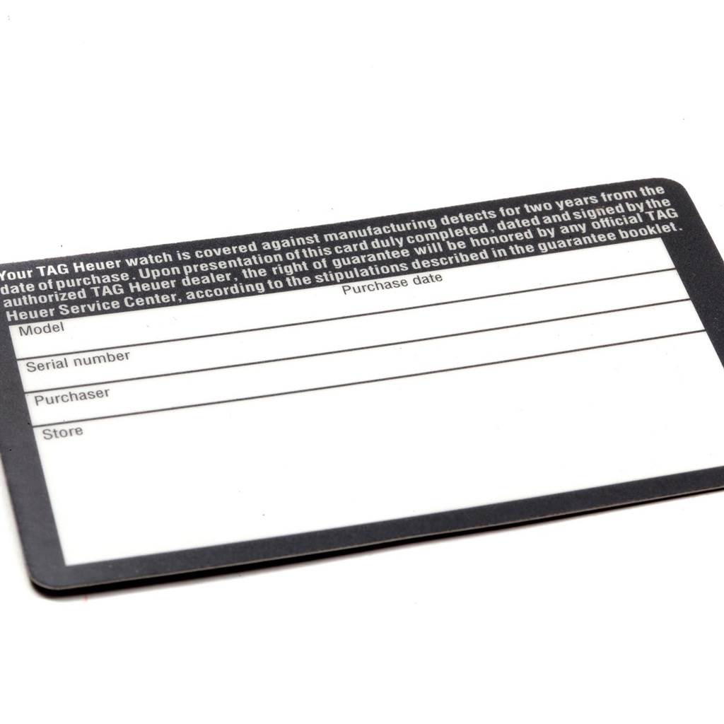 This is a Tag Heuer Link WJ201C.BA0591 Men's Stainless Steel Blue Dial WJ201C.BA0591 Men's Stainless Steel Blue Dial model warranty card showing fields for model, serial number, purchaser, store, and purchase date.