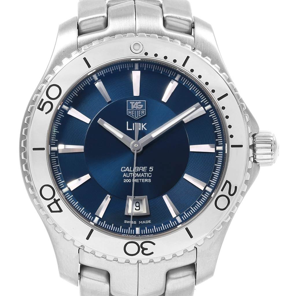This Tag Heuer Link WJ201C.BA0591 Men's Stainless Steel Blue Dial WJ201C.BA0591 Men's Stainless Steel Blue Dial watch is shown from the front, displaying its face, bezel, and part of the bracelet.