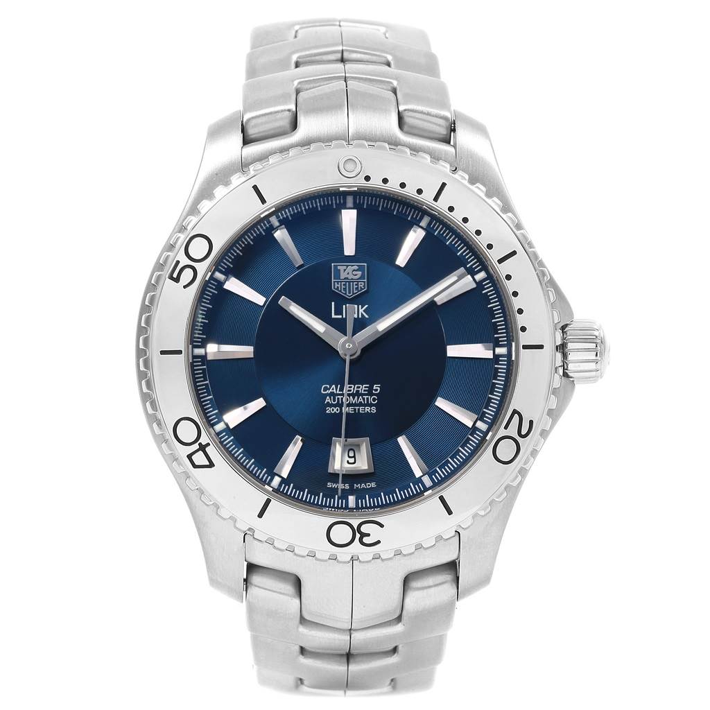 The image shows a front view of a Tag Heuer Link WJ201C.BA0591 Men's Stainless Steel Blue Dial WJ201C.BA0591 Men's Stainless Steel Blue Dial model watch, highlighting its dial, bezel, bracelet, and crown.
