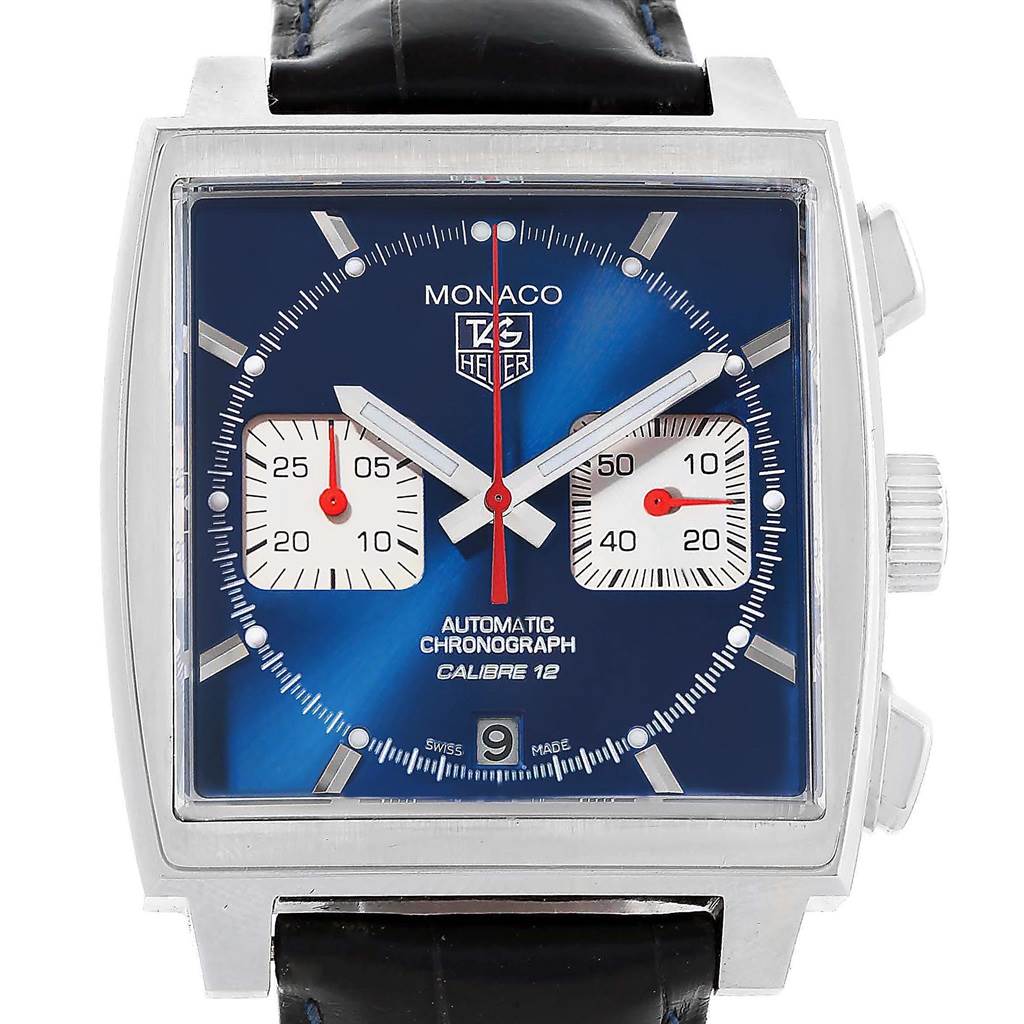The image shows a front view of a Tag Heuer Monaco CAW2111 Men's Stainless Steel Blue Dial CAW2111 Men's Stainless Steel Blue Dial watch highlighting the dial, hands, subdials, and crown.