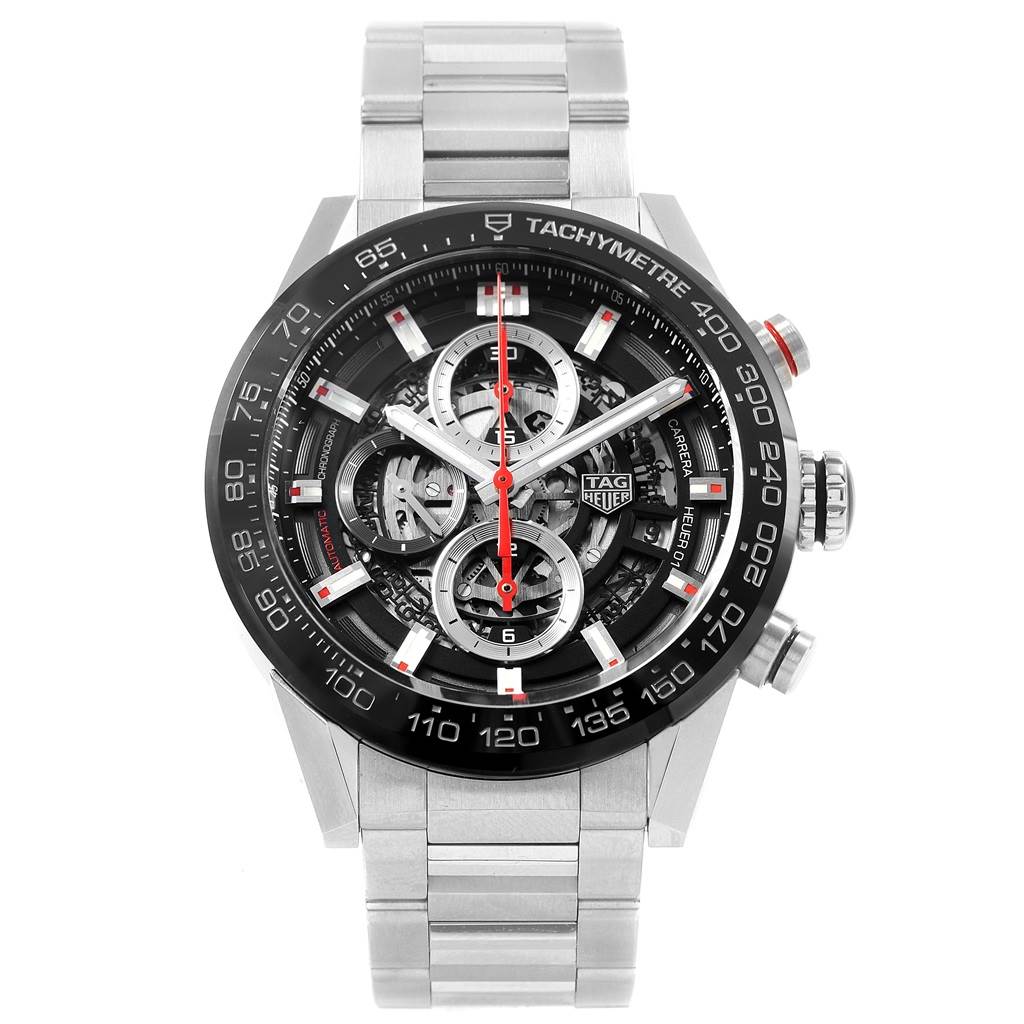 This Tag Heuer Carrera CAR201V.BA0714 Men
s Stainless Steel Black Dial CAR201V.BA0714 Men
s Stainless Steel Black Dial watch is shown from a front angle, displaying its face, dial, bezel, and bracelet.