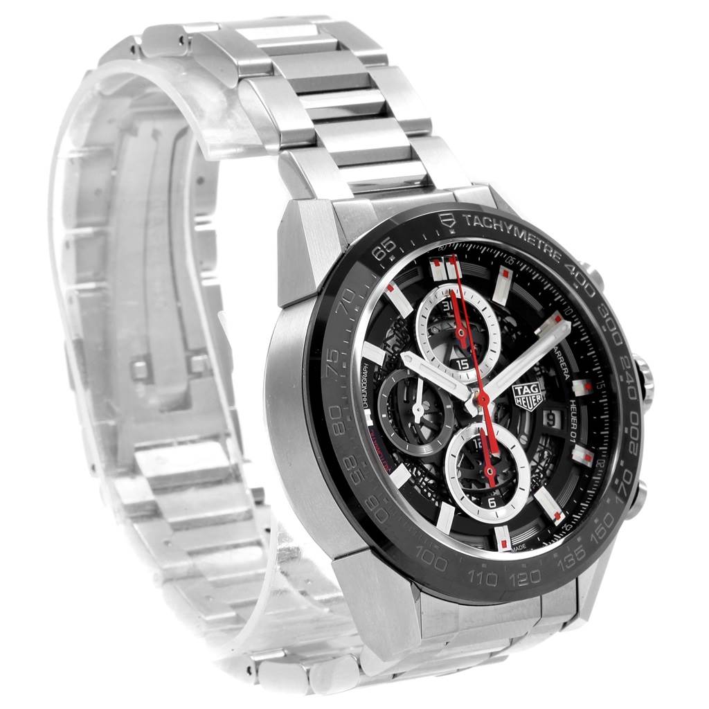 The image shows a close-up, angled view of the Tag Heuer Carrera CAR201V.BA0714 Men
s Stainless Steel Black Dial CAR201V.BA0714 Men
s Stainless Steel Black Dial watch, highlighting its face, bezel, and metal bracelet.