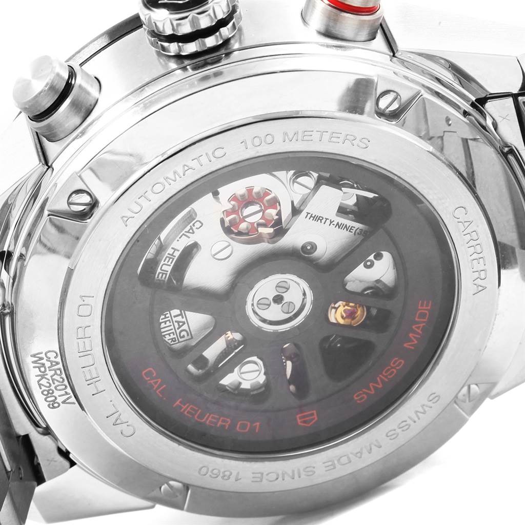 The image shows the back view of the Tag Heuer Carrera CAR201V.BA0714 Men
s Stainless Steel Black Dial CAR201V.BA0714 Men
s Stainless Steel Black Dial watch, highlighting its automatic movement and internal mechanisms.