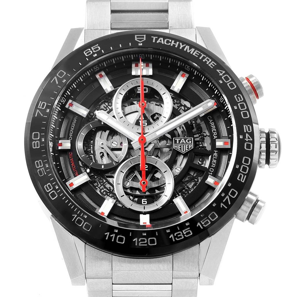 The image shows a front view of the Tag Heuer Carrera CAR201V.BA0714 Men
s Stainless Steel Black Dial CAR201V.BA0714 Men
s Stainless Steel Black Dial watch displaying its dial, chronograph, and tachymeter scale.