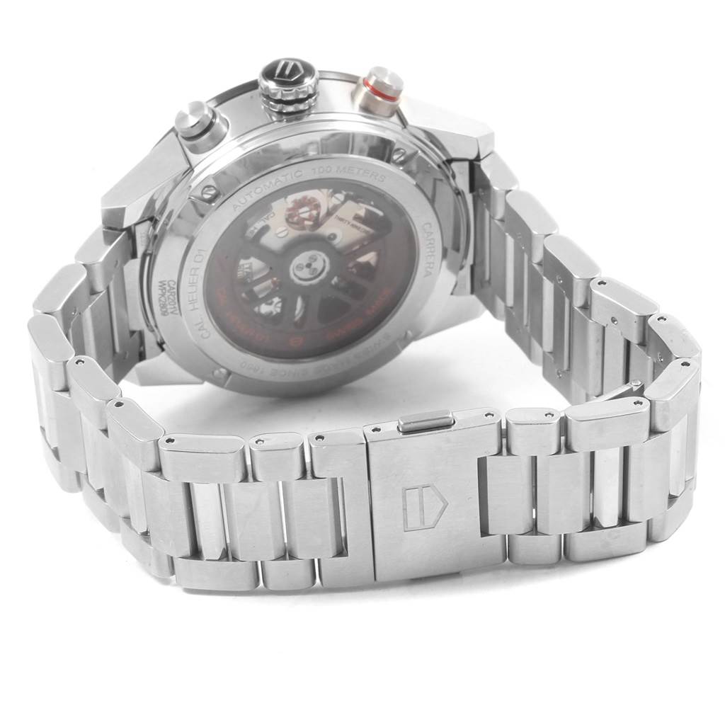 The image shows the back and clasp of the Tag Heuer Carrera CAR201V.BA0714 Men
s Stainless Steel Black Dial CAR201V.BA0714 Men
s Stainless Steel Black Dial watch, highlighting its automatic movement and metal bracelet.