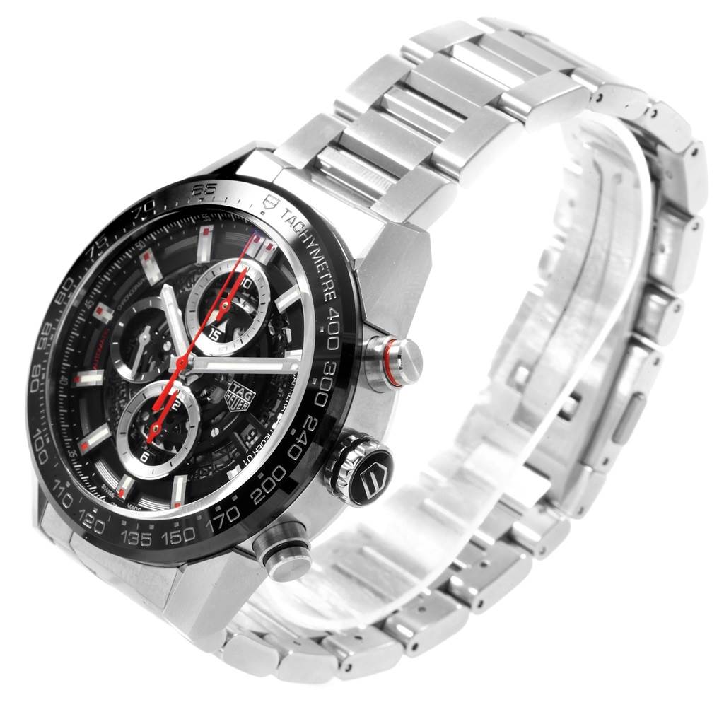 The Tag Heuer Carrera CAR201V.BA0714 Men
s Stainless Steel Black Dial CAR201V.BA0714 Men
s Stainless Steel Black Dial watch is shown at an angled view showcasing its face, bezel, and metal bracelet.