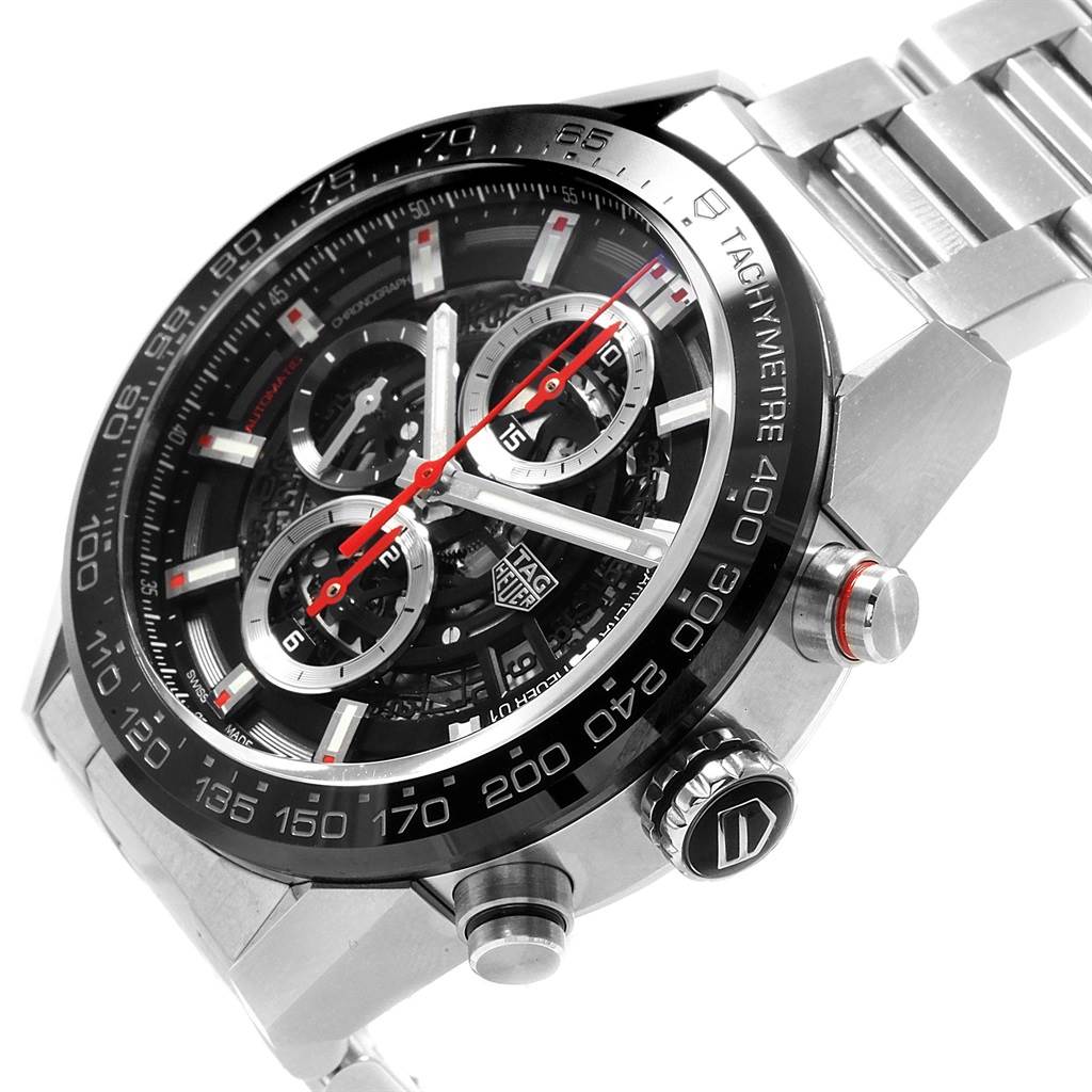 The image shows a close-up side view of the Tag Heuer Carrera CAR201V.BA0714 Men
s Stainless Steel Black Dial CAR201V.BA0714 Men
s Stainless Steel Black Dial watch, highlighting its dial, bezel, crown, and chronograph pushers.